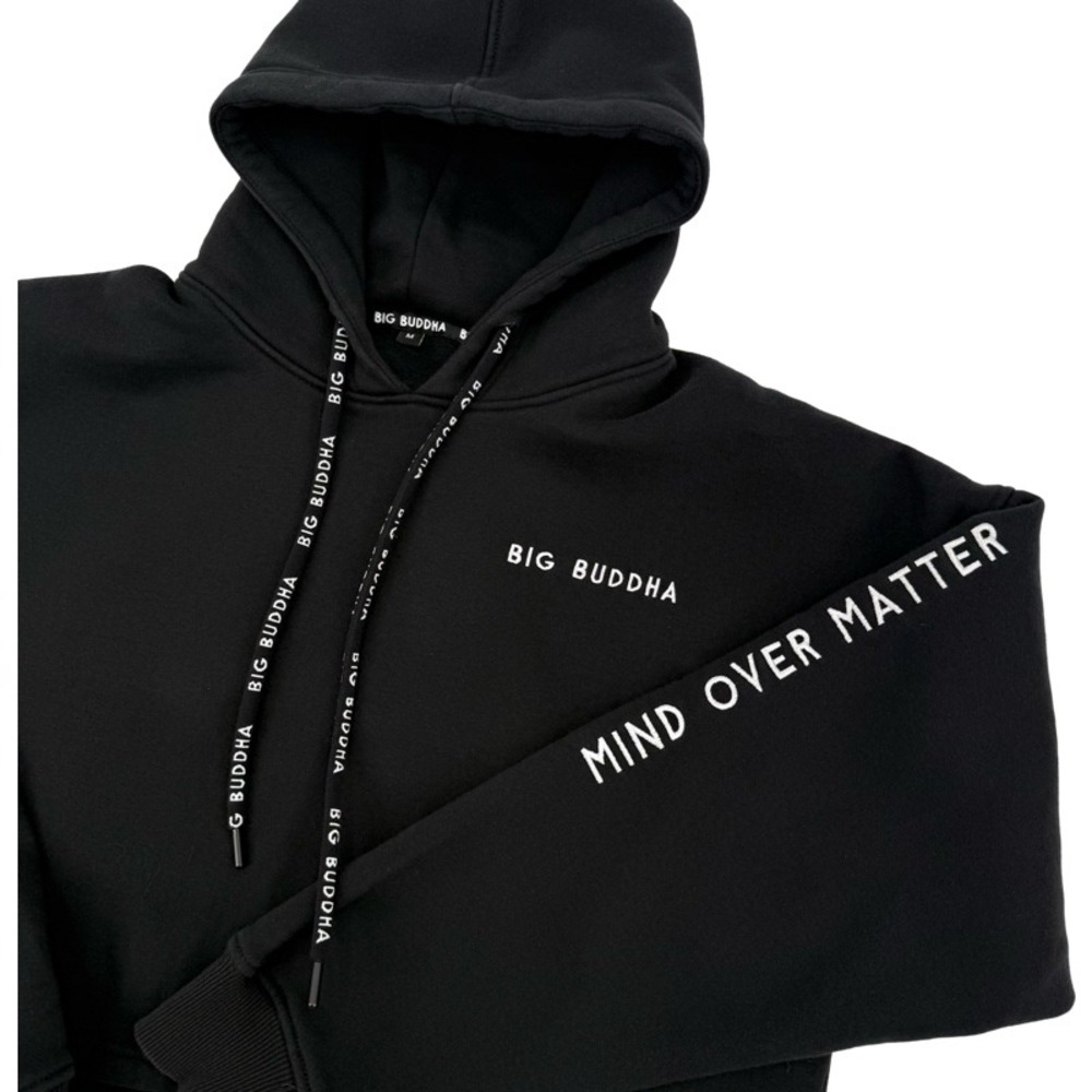 BIG BUDDHA‎ Medium Cropped Hoodie Black Mind Over Matter Graphic Boxy Streetwear